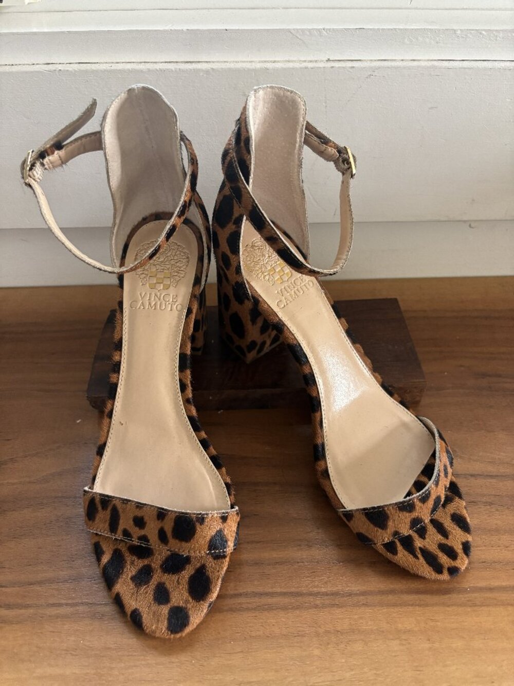 Vince Camuto Leopard Print Calf Hair Block Heel Ankle Strap Sandals.
